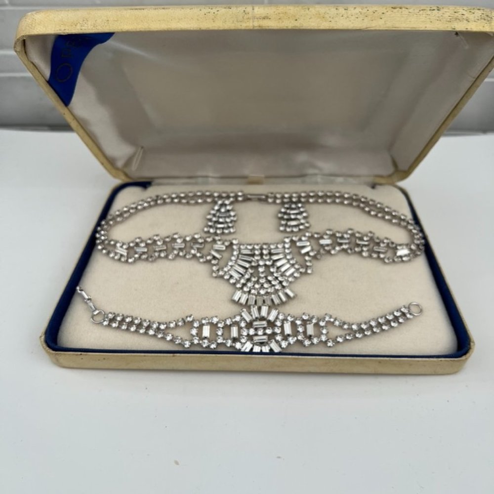 Vintage Icy Crystal Rhinestone Parure Set Necklace Bracelet Earrings Prom Bridal